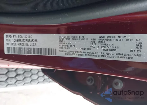 2023 Ram 1500 Laramie 4X4 5'7 Box z USA, uszkodzony, nr VIN 1C6SRFJT2PN588238